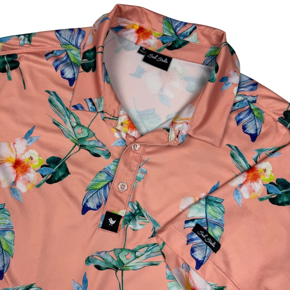 Bad Birdie Polo Shirt Tropical Floral Golf Casual Mens Medium Orange Pink Boho